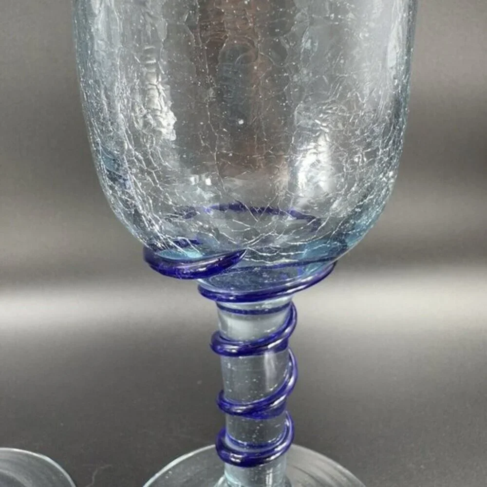 Hand‎ Blown Crackle Glass Goblet Drinking Glasses Set 2 Clear Blue Swirl Goblets